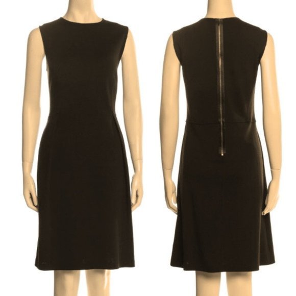 ST. JOHN CAVIAR Exposed Back Zipper Sleeveless Black Midi Shift Dress Pockets 12 - Picture 1 of 16